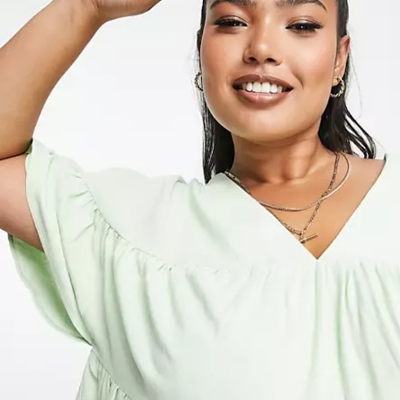 ASOS DESIGN Curve tiered smock top with frill sleeve in apple - Picture 6 of 6